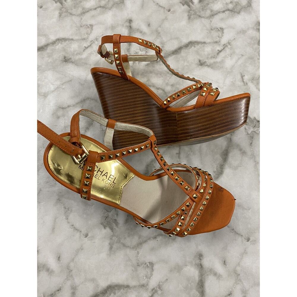 Women's Michael Kors Orange Leather Studded Strap Wedges Platform Shoes SZ 7.5M